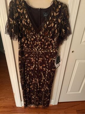 Adrianna Papell chocolate brown & Gold Embellished V-Neck Cocktail Dress